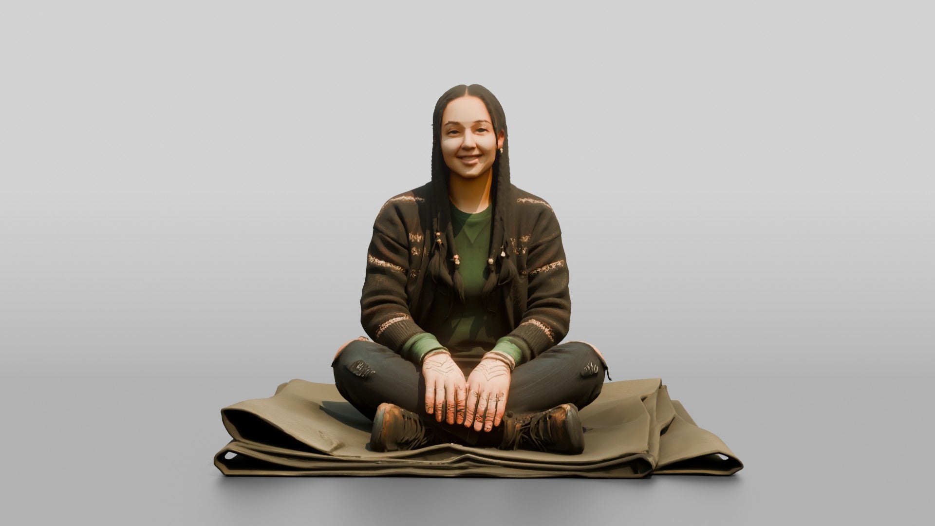 Homeless Woman Sitting on a Folded Tarp
