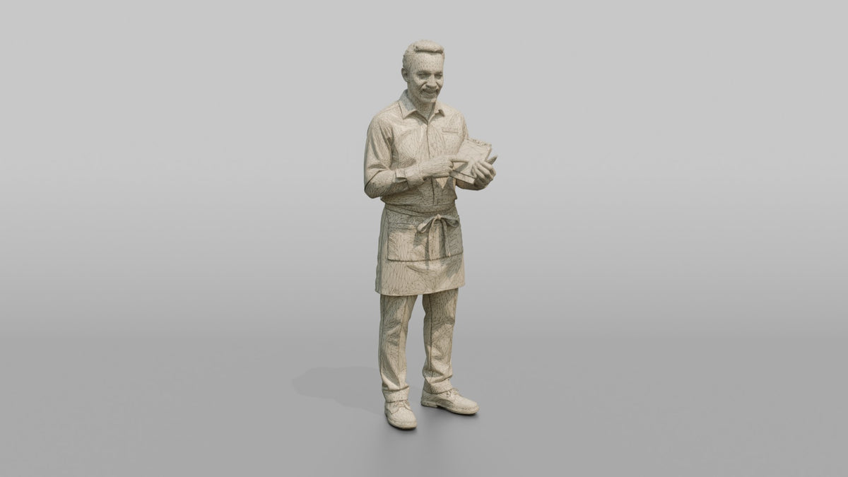 Server Man Holding A Small Notepad, Pointing At It - wireframe topology preview