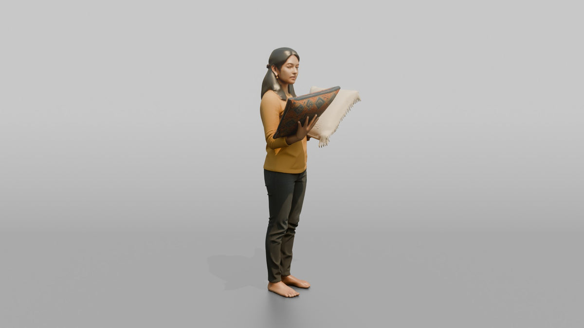 Woman Customer Comparing Two Throw Pillows Side By Side - 3D character model, view 2