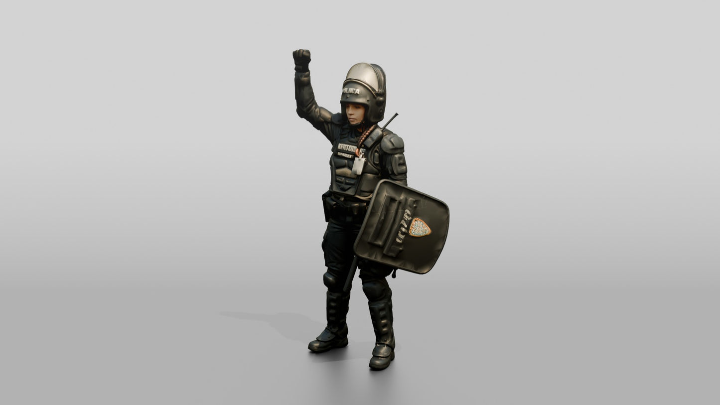 Riot Police Officer with Raised Fist and Shield