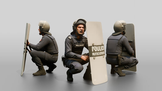 Riot Police Officer Crouching Behind Shield