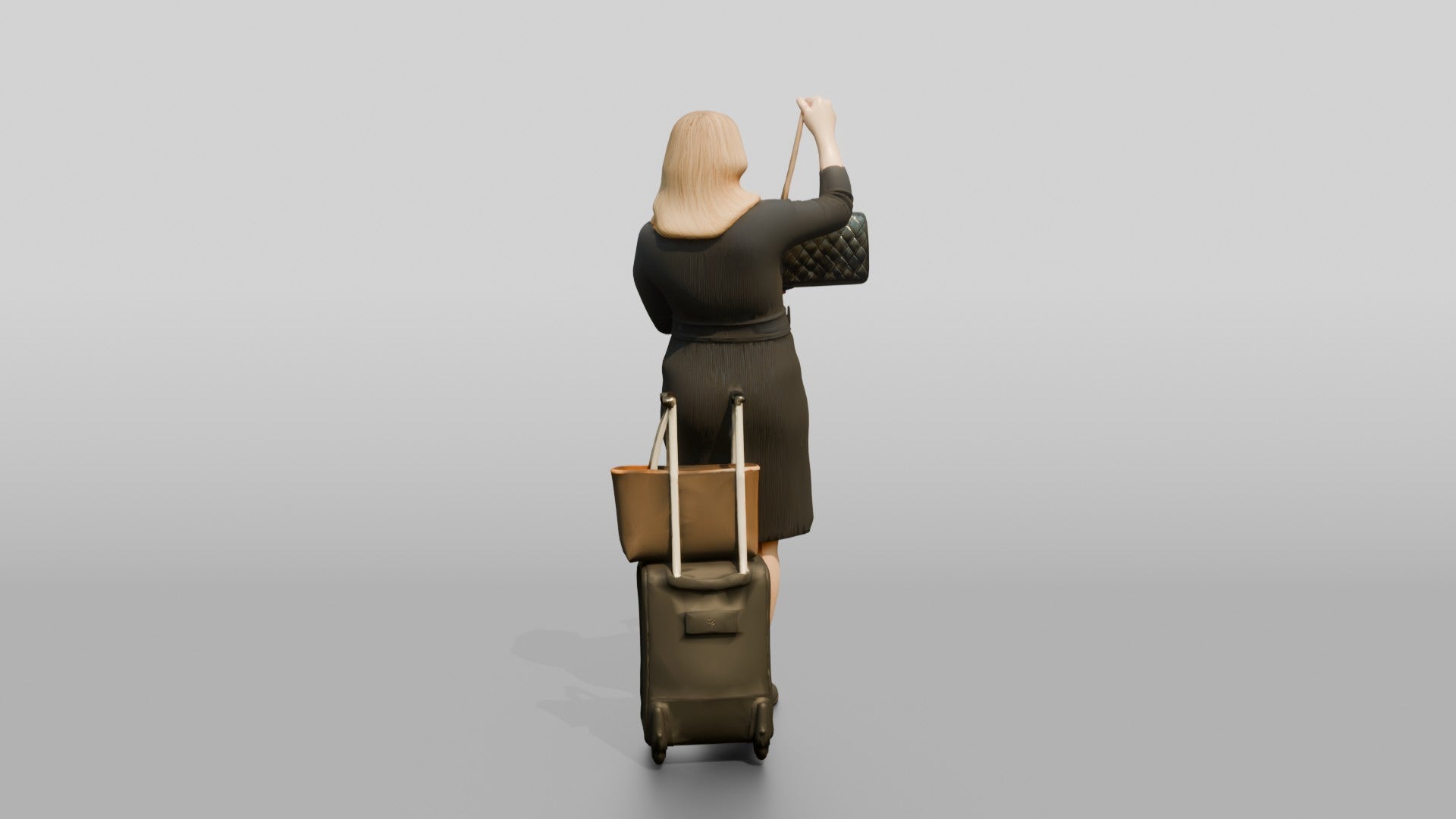 Plus-Size Blonde Woman in Black Dress with Rolling Suitcase