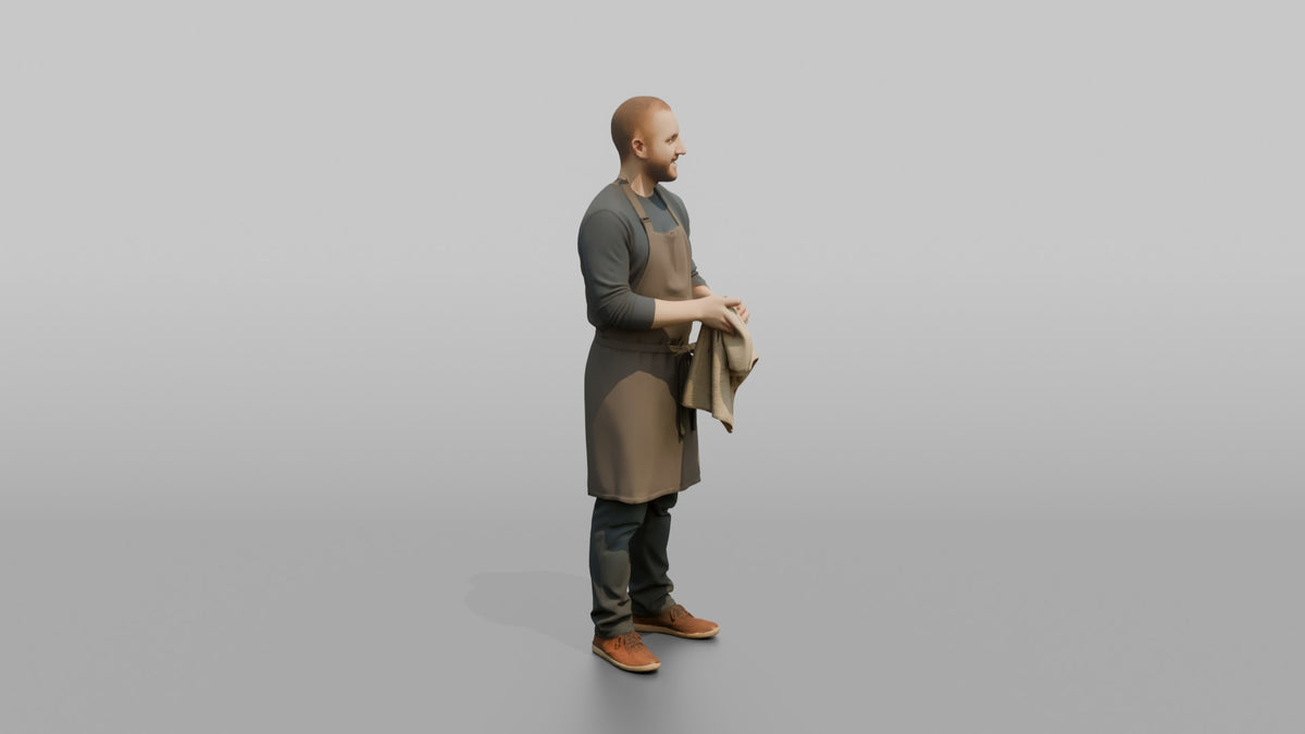 Father Wiping His Hands On A Kitchen Towel, Apron On - 3D character model, view 2