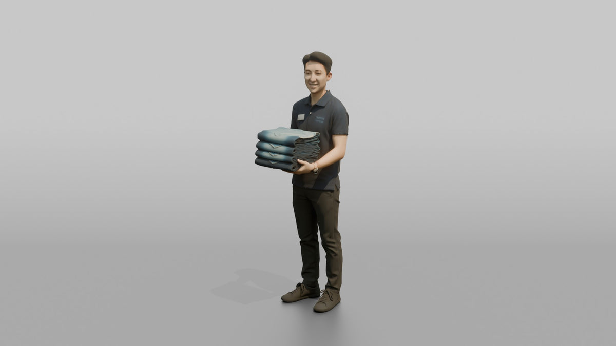 Man Retail Employee Holding A Stack Of Folded Jeans - 3D character model, view 4