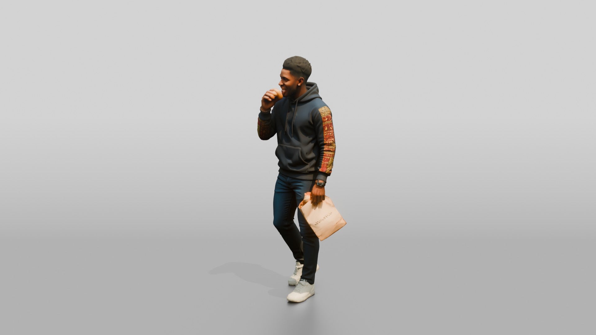 African Man in Print-Sleeve Hoodie Eating a Pastry