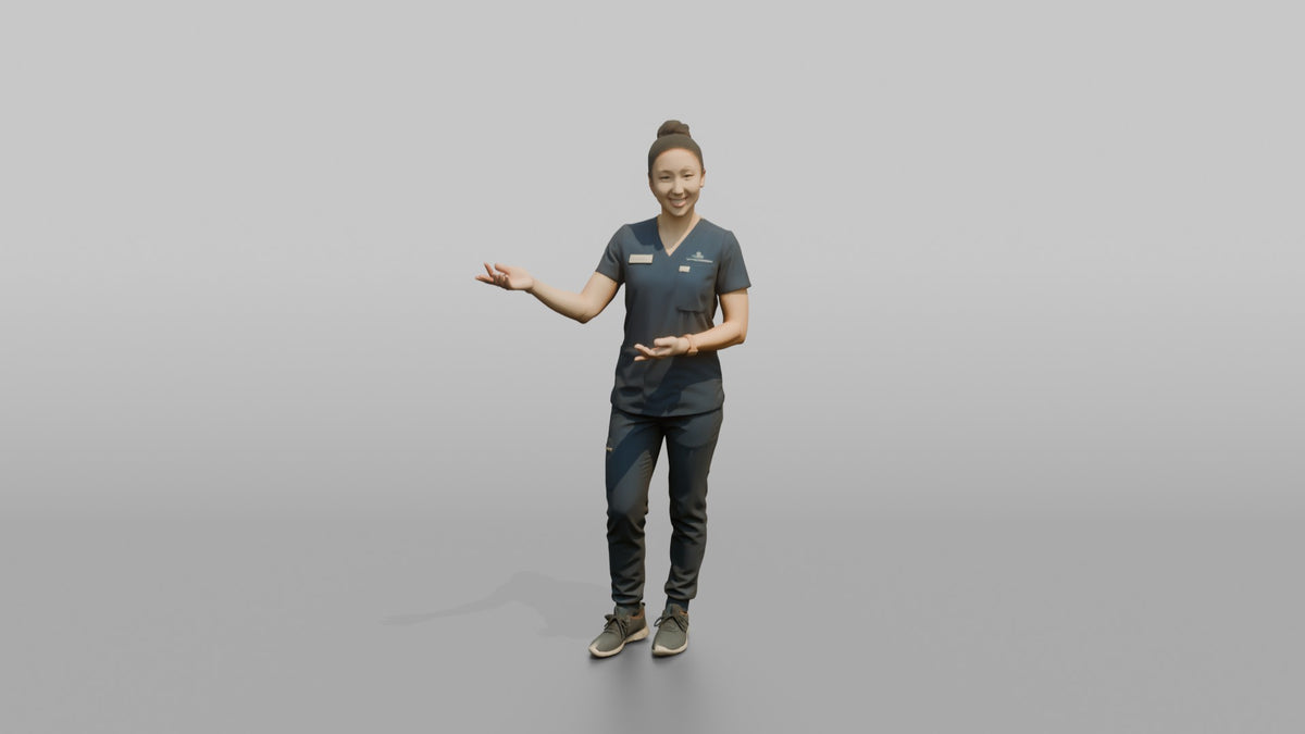 Esthetician Woman Gesturing Toward A Treatment Chair - 3D character model, view 5
