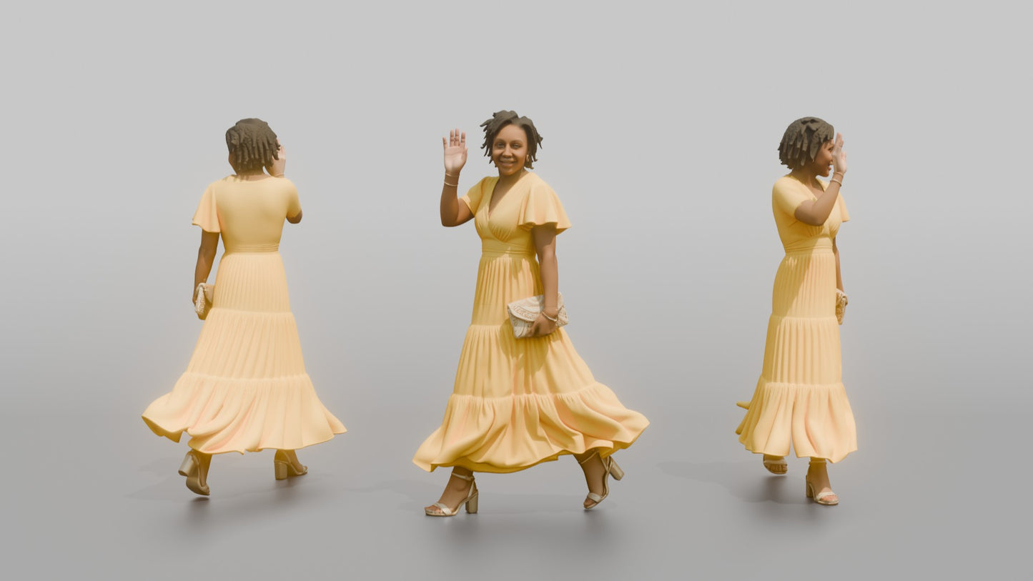 Wedding Guest Waving in a Yellow Chiffon Dress