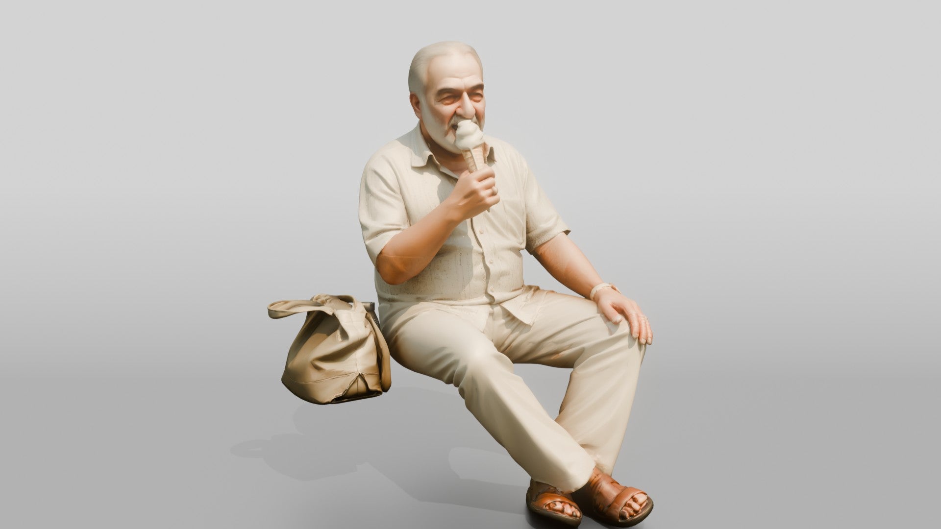 Stocky Elderly Persian Man Eating an Ice Cream Cone