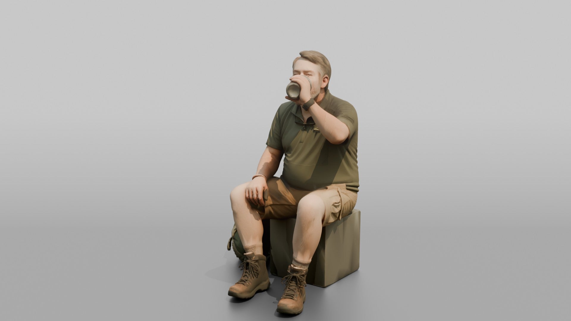 Hiker Sitting and Drinking from a Canteen