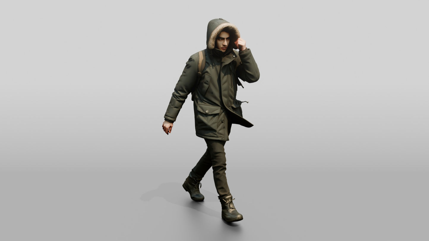 Middle Eastern Man in Grey Parka Walking Against Wind