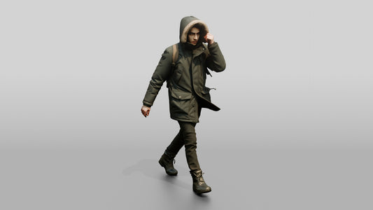 Middle Eastern Man in Grey Parka Walking Against Wind - 3D character model, view 1