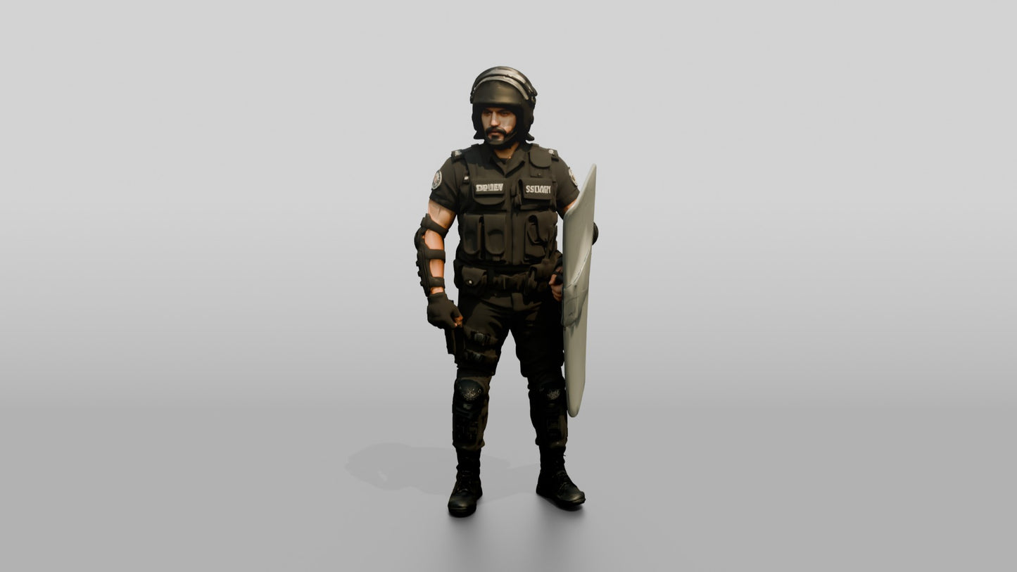 Riot Police Officer Standing with Shield