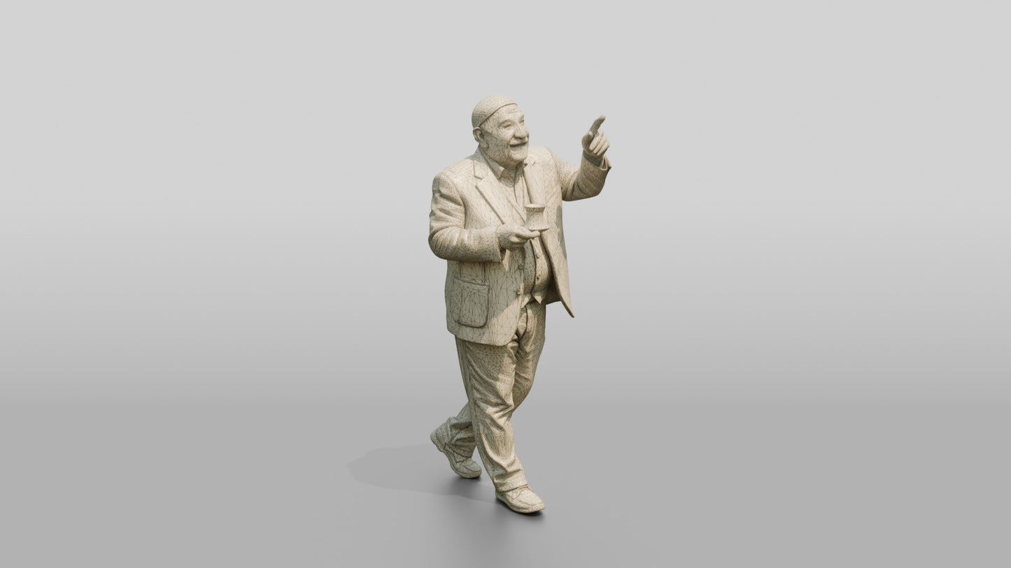 Elderly Man Pointing at Architecture with Tea