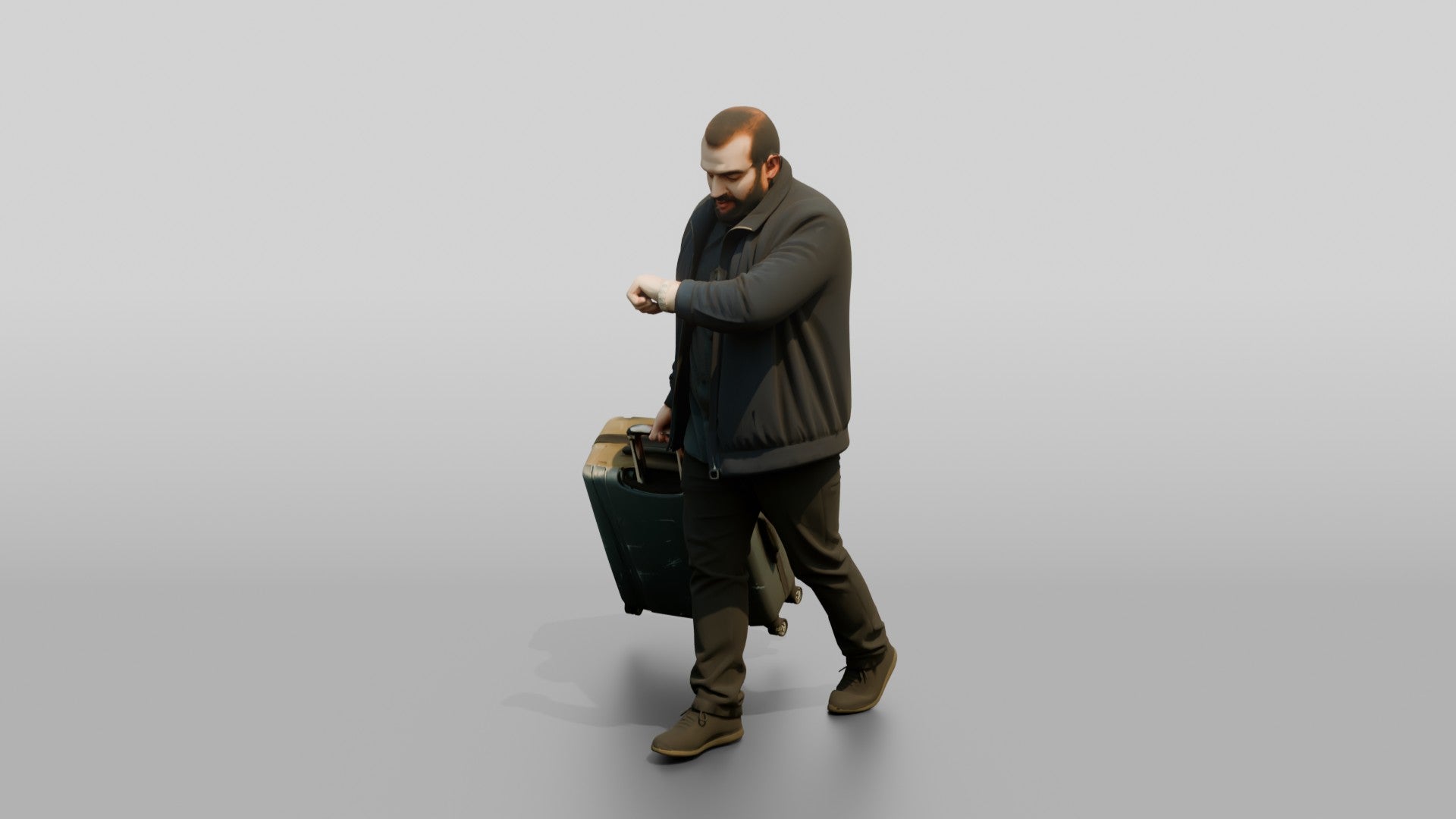 Plus-Size Bearded Man Carrying Two Suitcases Checking His Watch
