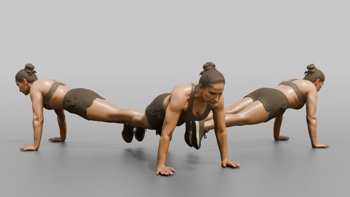 Bodyweight Athlete Woman Mid-burpee, Hands On The Ground - 3D character model, view 1