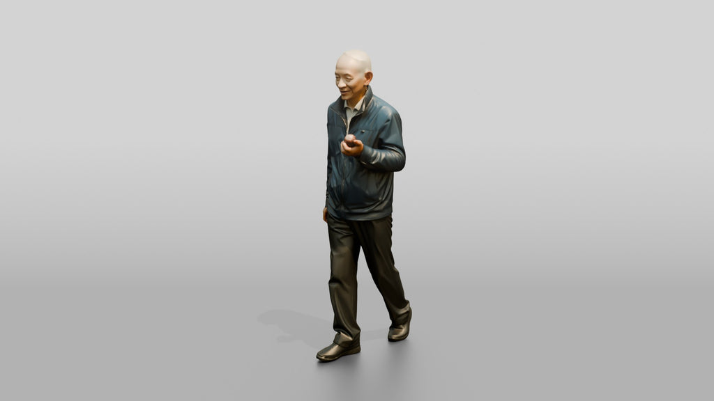 Elderly Chinese Man Walking with Hand Exercise Balls