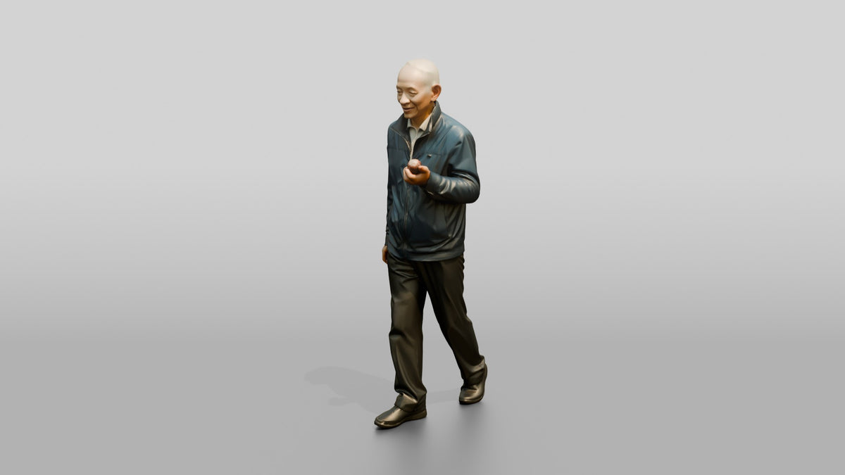 Elderly Chinese Man Walking with Hand Exercise Balls - 3D character model, view 4