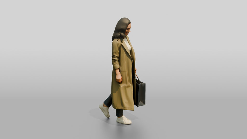 Woman in Long Olive Coat Walking with Luxury Shopping Bag