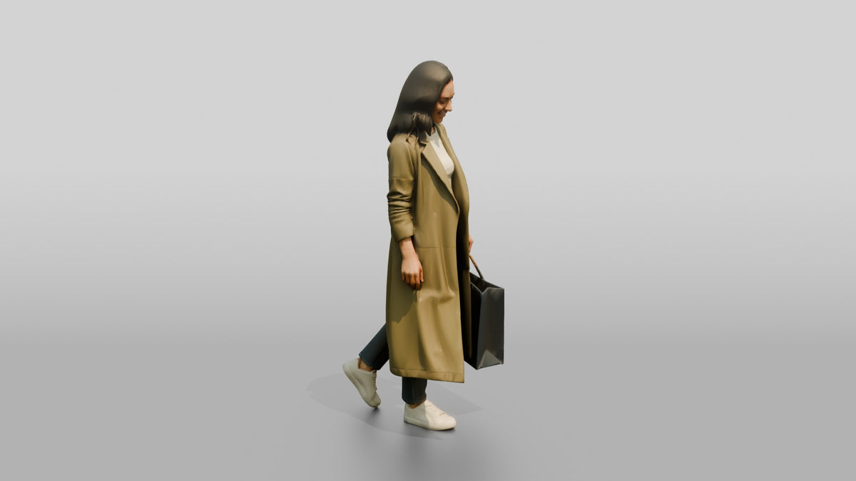 Woman in Long Olive Coat Walking with Luxury Shopping Bag - 3D character model, view 2