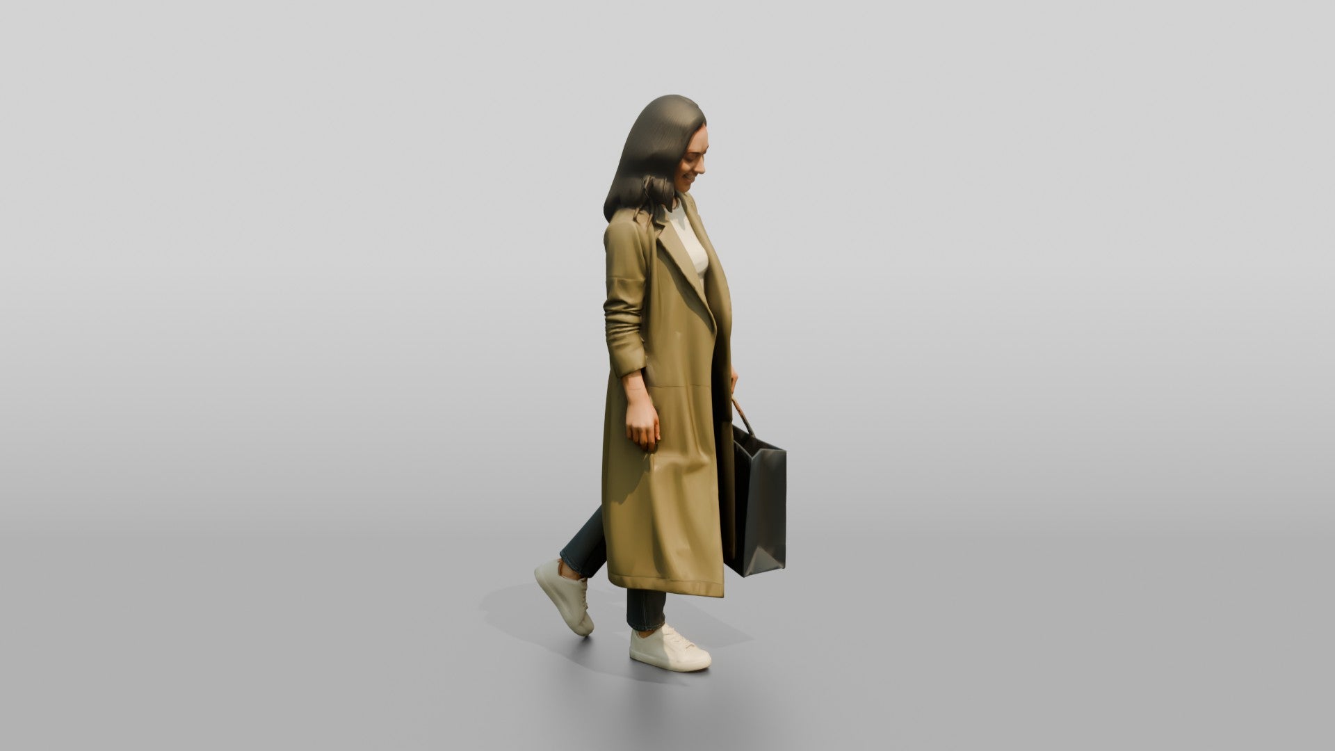 Woman in Long Olive Coat Walking with Luxury Shopping Bag