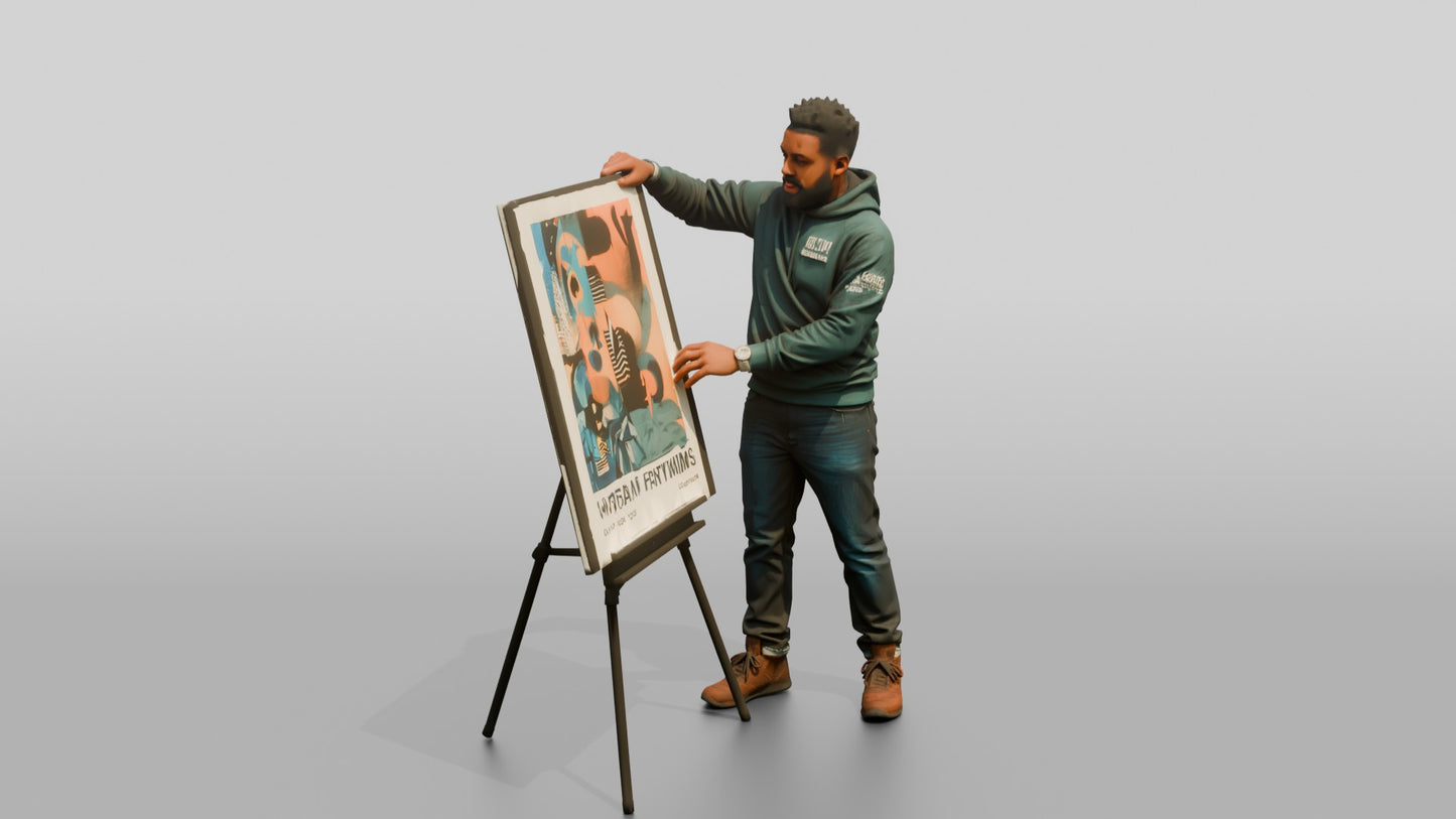 Man Presenting Artwork on an Easel