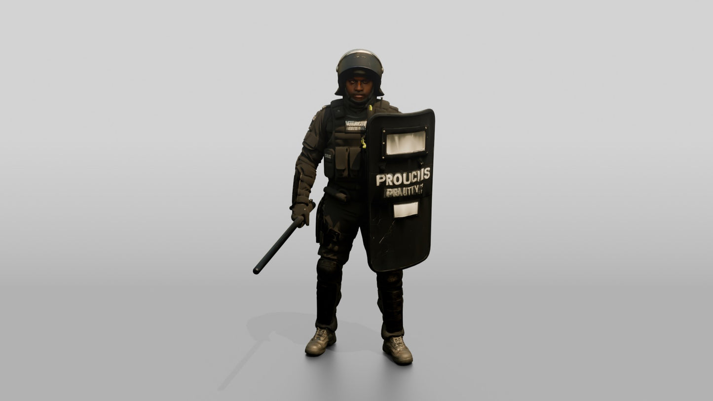 Riot Police Officer Standing with Marked Shield