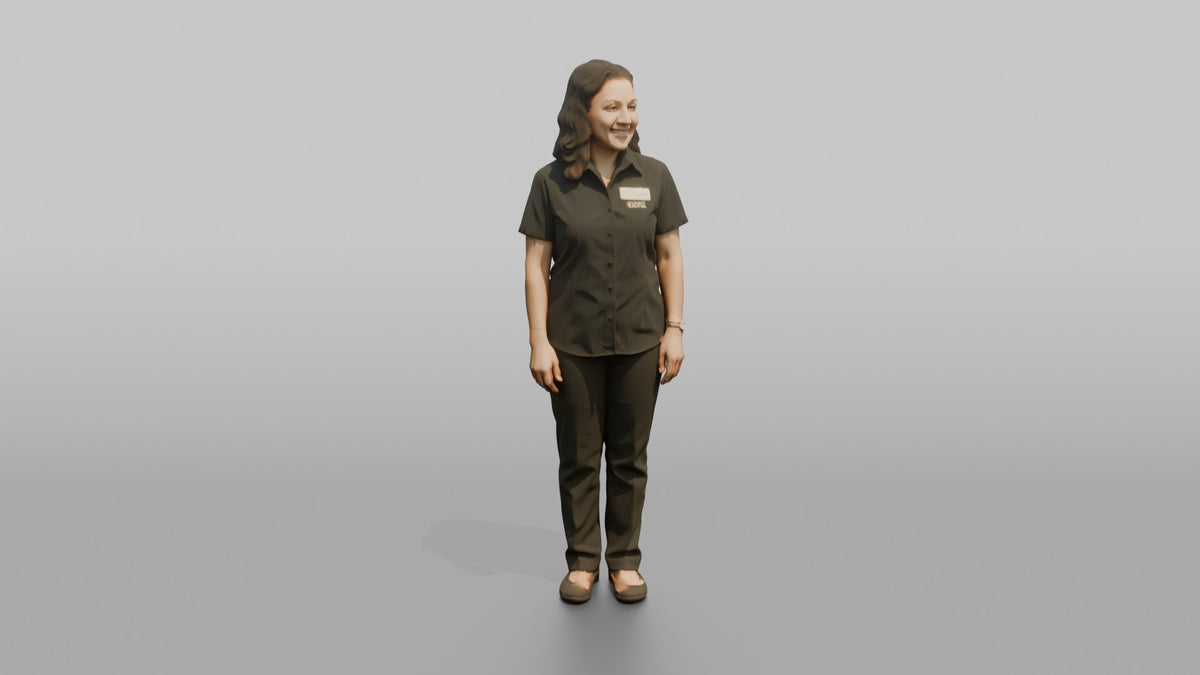 Host Woman Standing With A Warm Welcoming Smile, Arms At Sides - 3D character model