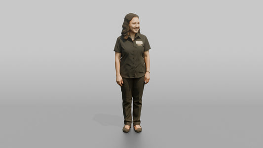 Host Woman Standing With A Warm Welcoming Smile, Arms At Sides - 3D character model