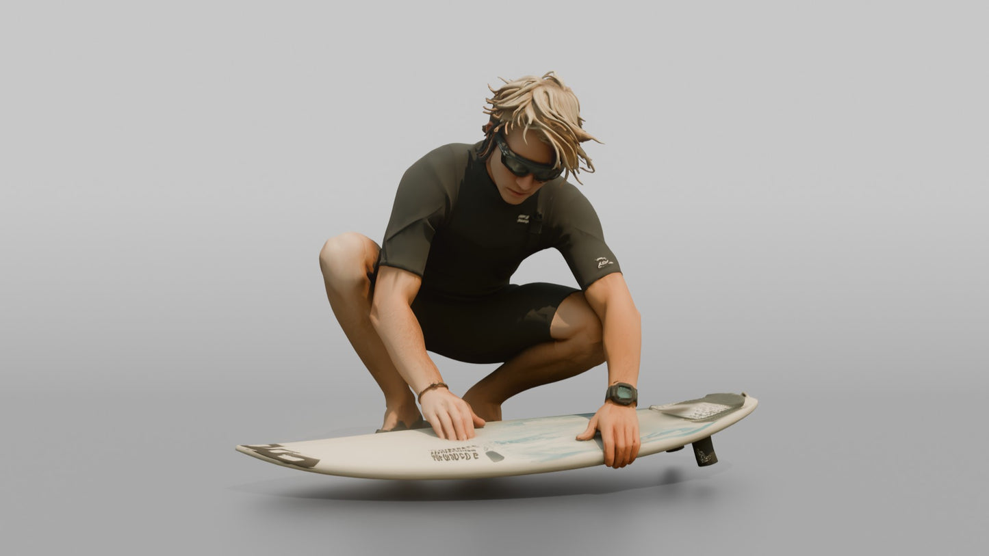 Surfer Checking the Wax on His Board