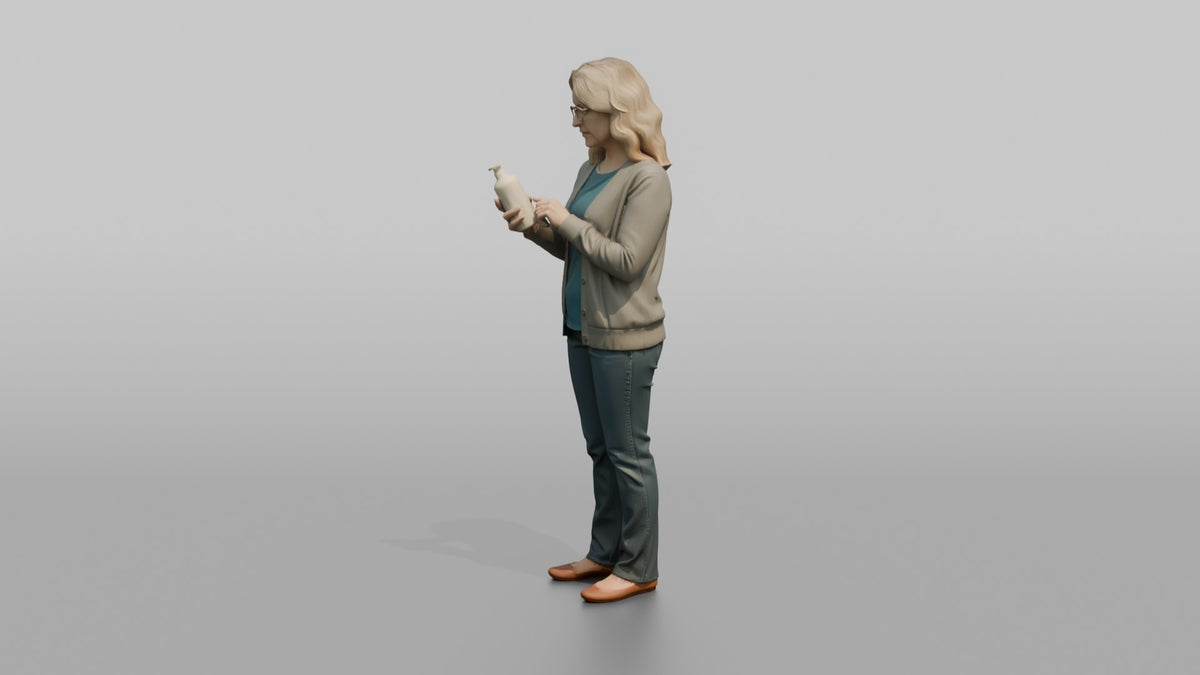 Woman Customer Reading The Label On A Bottle Of Lotion - 3D character model, view 4