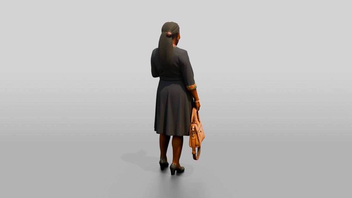 Woman in Wrap Dress with Colorful Print Trim Checking Her Phone - 3D character model, view 3