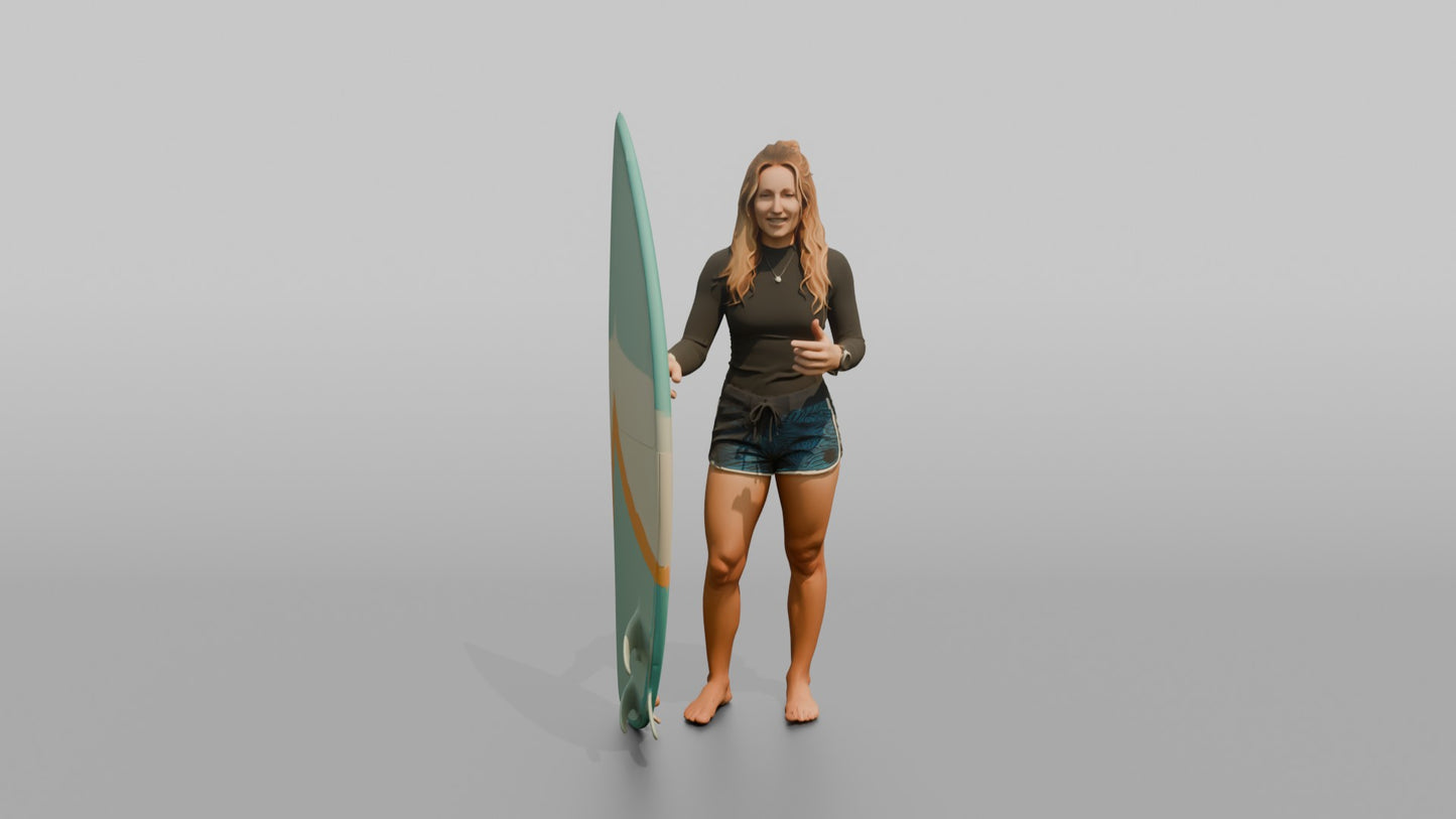 Surfer Gesturing Toward Her Surfboard