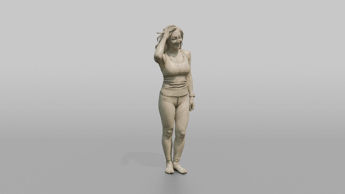 Physique Model Woman Standing With One Hand Through The Hair, Confident Pose - wireframe topology preview