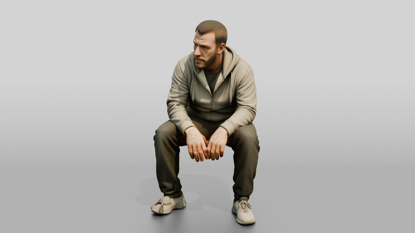 White Male Prisoner in a Grey Zip-up Hoodie and Dark Sweatpants