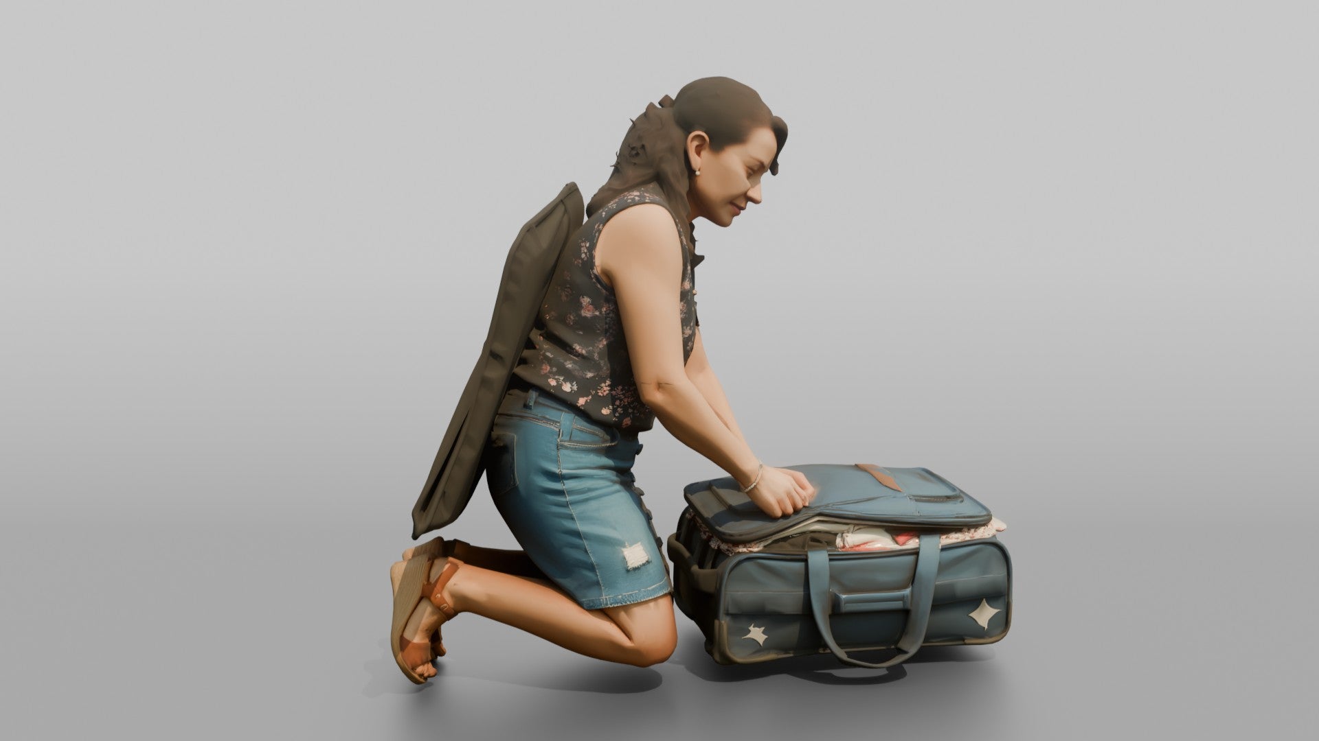 Traveler Kneeling To Zip Her Suitcase