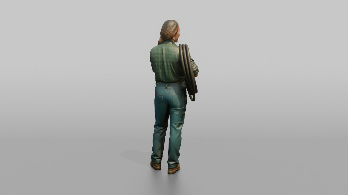 Farmer Coiling Industrial Garden Hose Over Shoulder - 3D character model, view 3