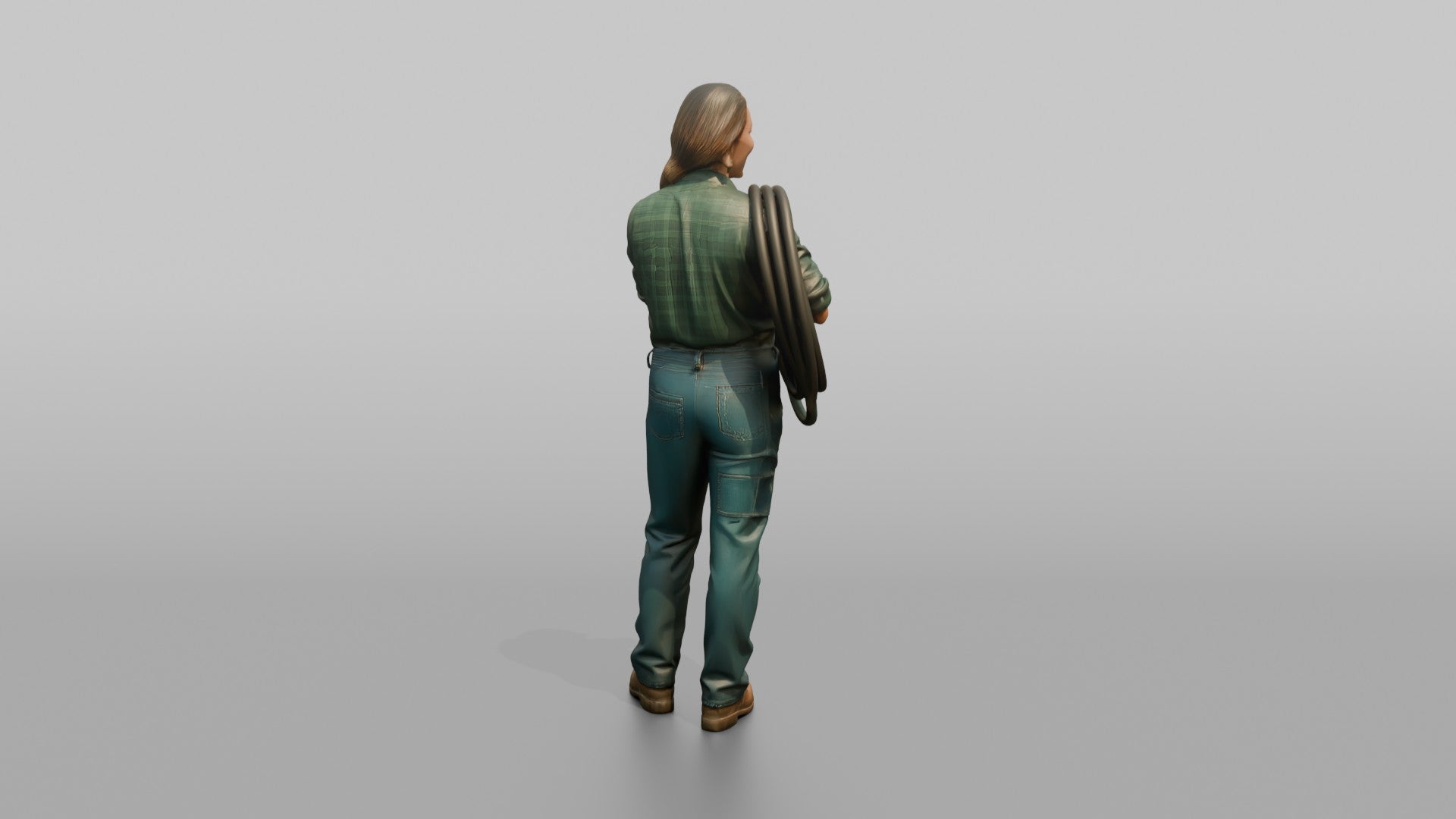 Farmer Coiling Industrial Garden Hose Over Shoulder