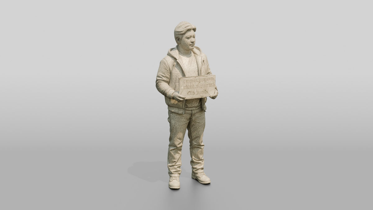 Homeless Man Holding Out a Cardboard Sign - wireframe topology preview