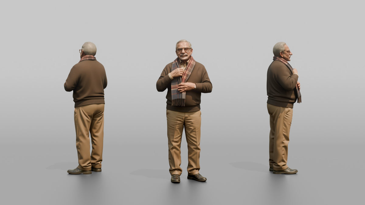 Grandfather Adjusting A Wool Scarf Around His Neck - 3D character model, view 1
