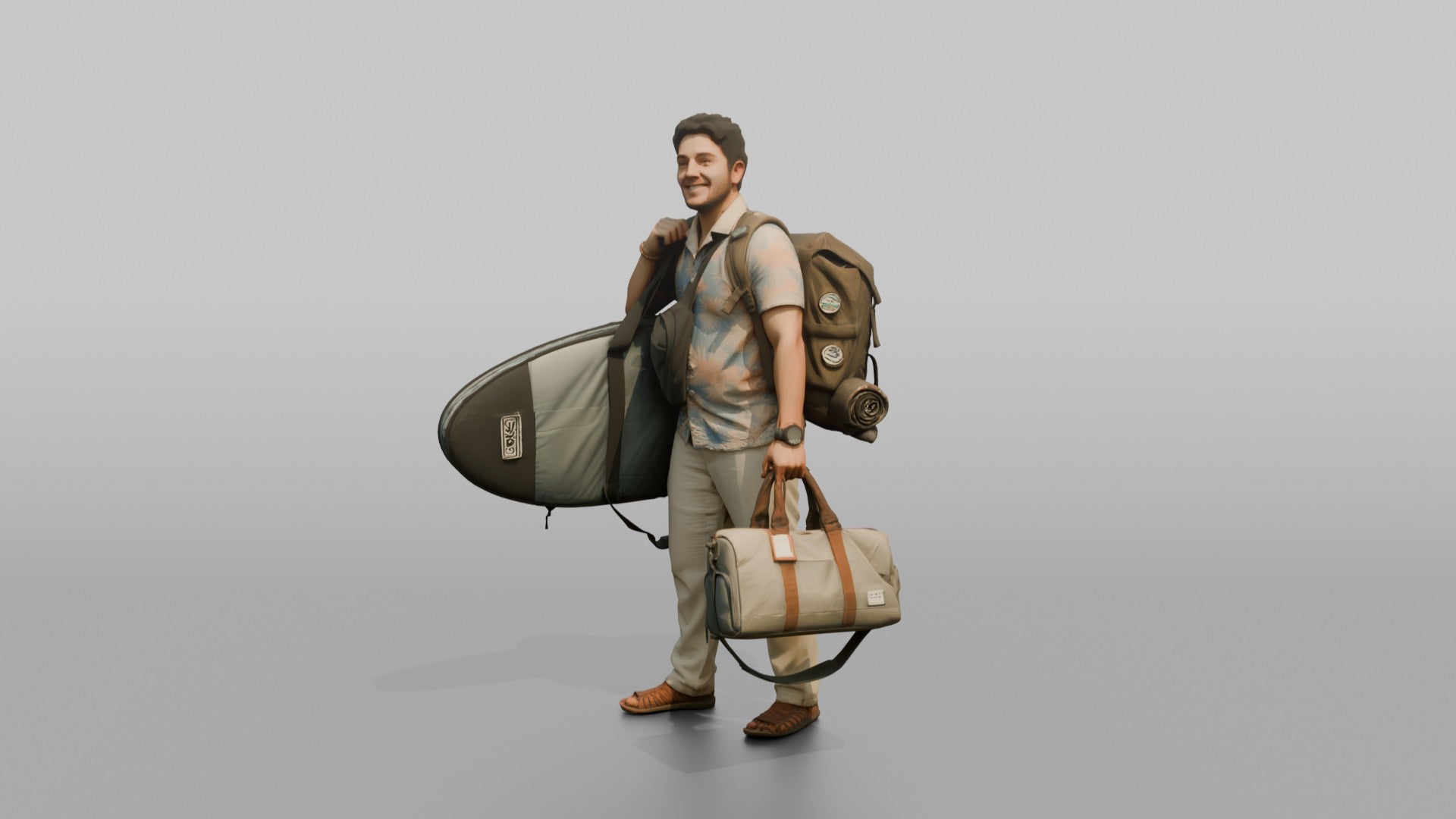 Traveler Carrying A Surfboard And Backpack