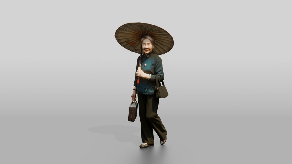 Elderly Chinese Woman in Qipao with Paper Umbrella