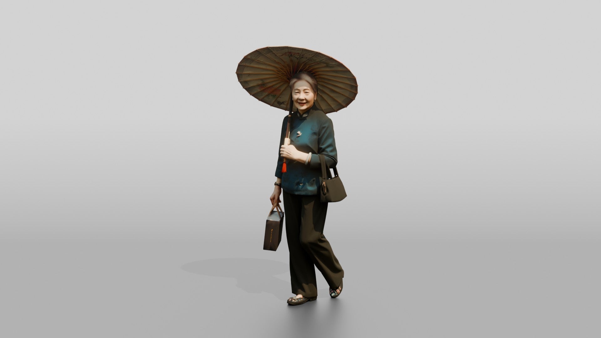 Elderly Chinese Woman in Qipao with Paper Umbrella