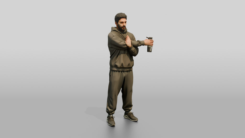 Man Stretching Arms with Protein Shaker