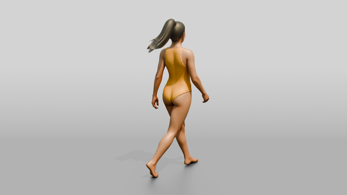 Woman in Yellow One-Piece Swimsuit Walking
