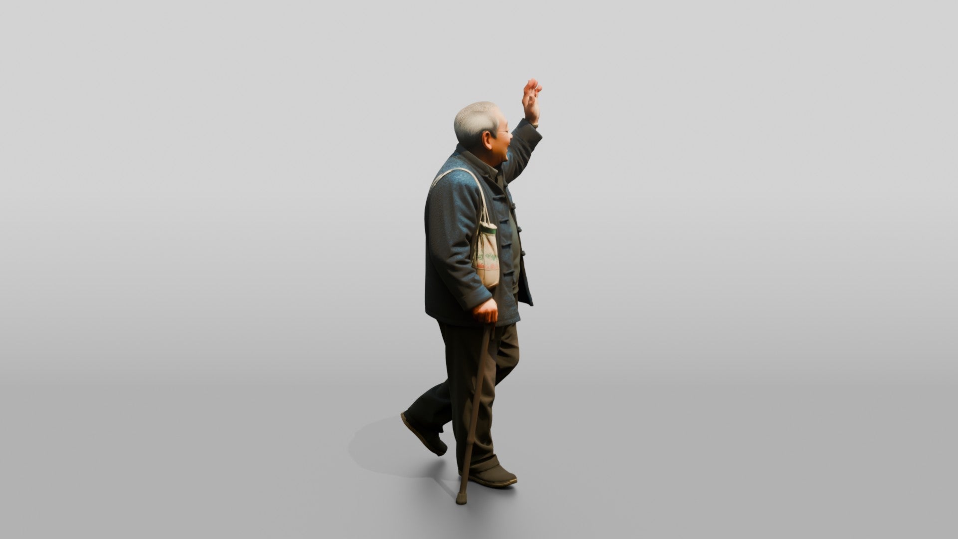 Elderly Chinese Man Waving While Walking with Cane