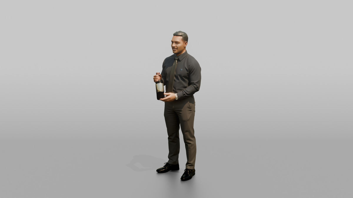 Server Man Presenting A Wine Bottle For Inspection - 3D character model, view 4