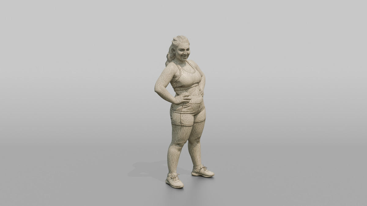 Physique Model Woman Leaning Back Slightly, Hands On Hips - wireframe topology preview