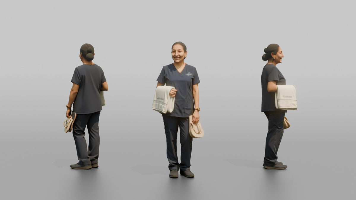 Spa Attendant Woman Holding A Folded Towel And Flip-flops - 3D character model, view 1