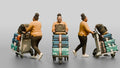 Plus-Size Woman Pushing Luggage Cart with Colorful Suitcases