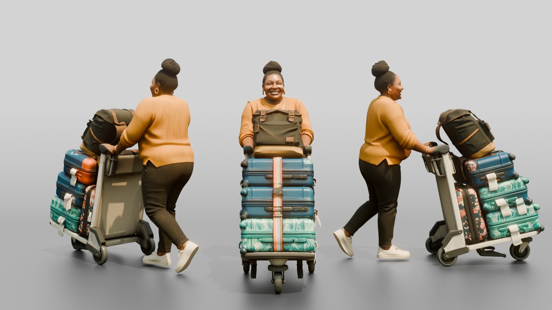 Plus-Size Woman Pushing Luggage Cart with Colorful Suitcases